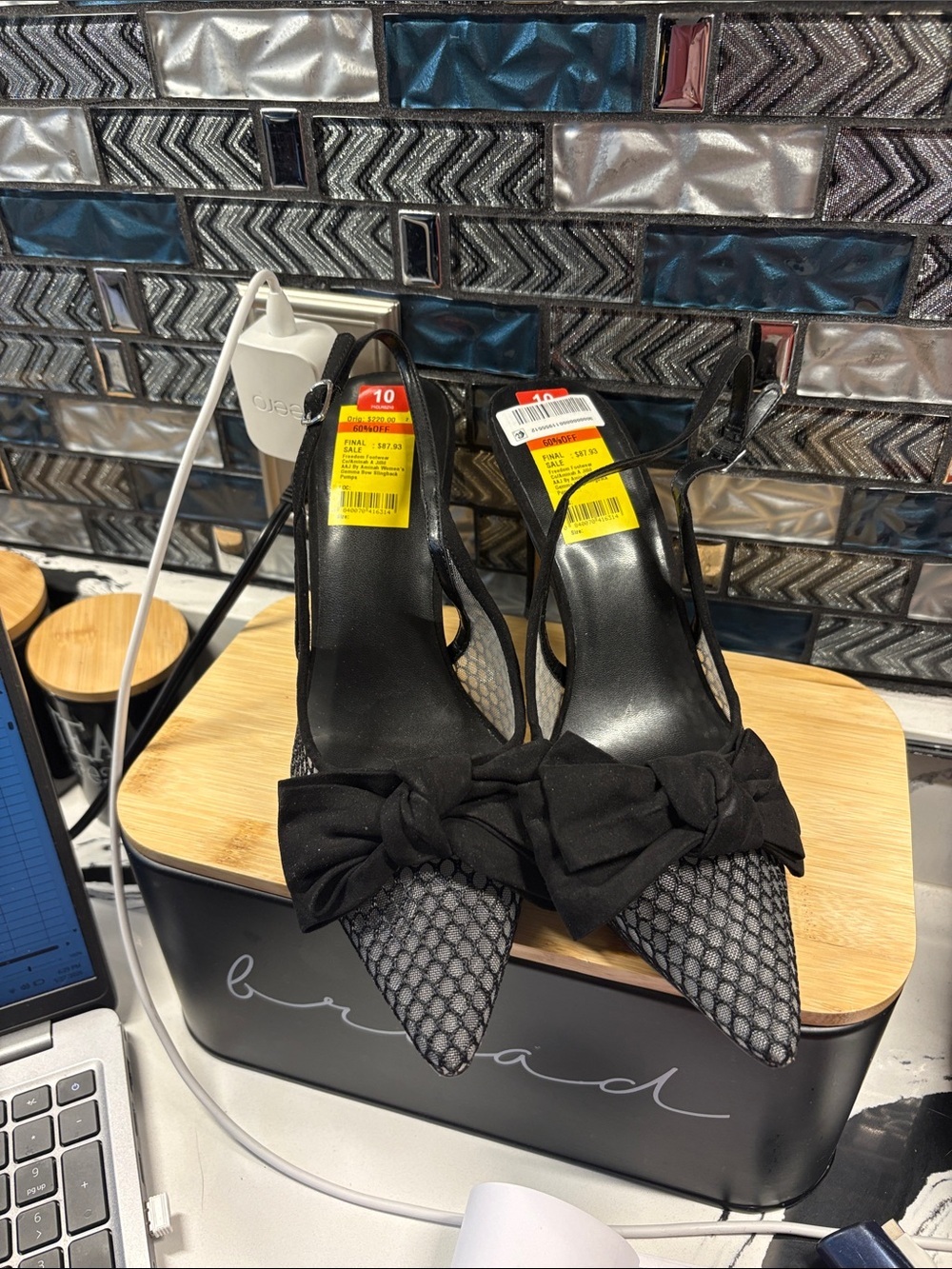 a new day Black Pointed Mesh Slingback Heels with Bow Detail